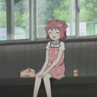 An anime schoolgirl in casual clothes happily moving her upper-body from one side to the other while sitting on a bench inside some place; her name is Akari Akaza and she's the main character of Yuru Yuri